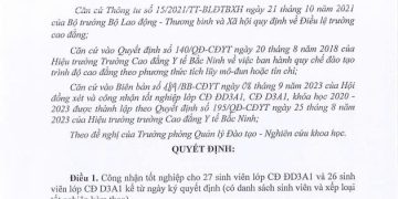 Quyết định công nhận tốt nghiệp cho sinh viên lớp CĐ ĐD3A1 và CĐ D3A1